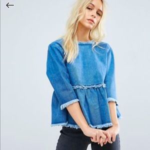 ASOS PETITE DEMIN SMOCK TOP with WRAP BACK IN VINTAGE WASH